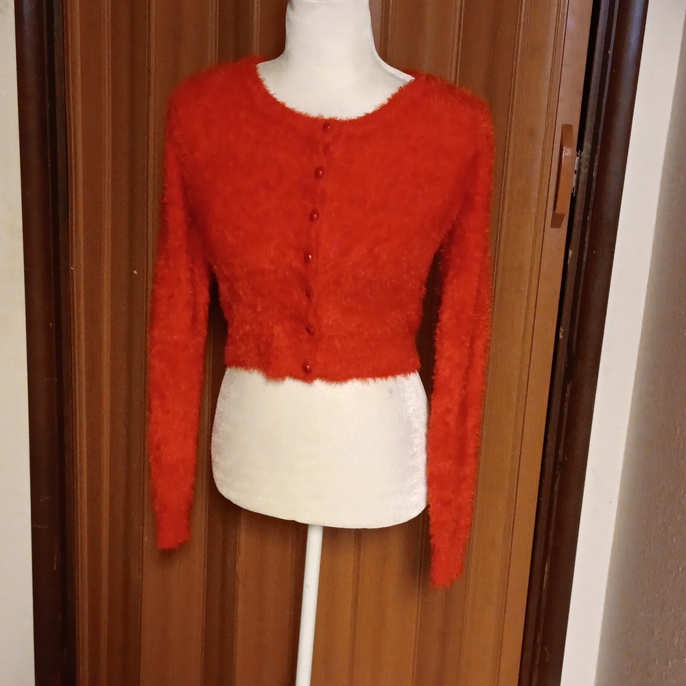 Verty Red Fuzzy Cropped Button Up Sweater - image 1